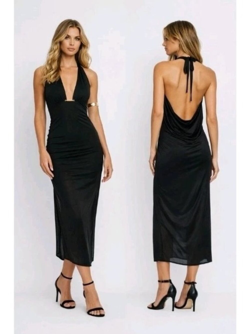 Caroline Constas Size M Mesh Black Halter Maxi Dress Cover Up Deep V-Neck Sheer